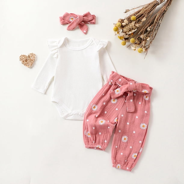 Conjuntos de blusas y camisas de cuello redondo y manga larga para niña, mono de cuello redondo y manga larga con vuelo de color liso con cintura elástica, pantalones estampados y diadema, conjunto de