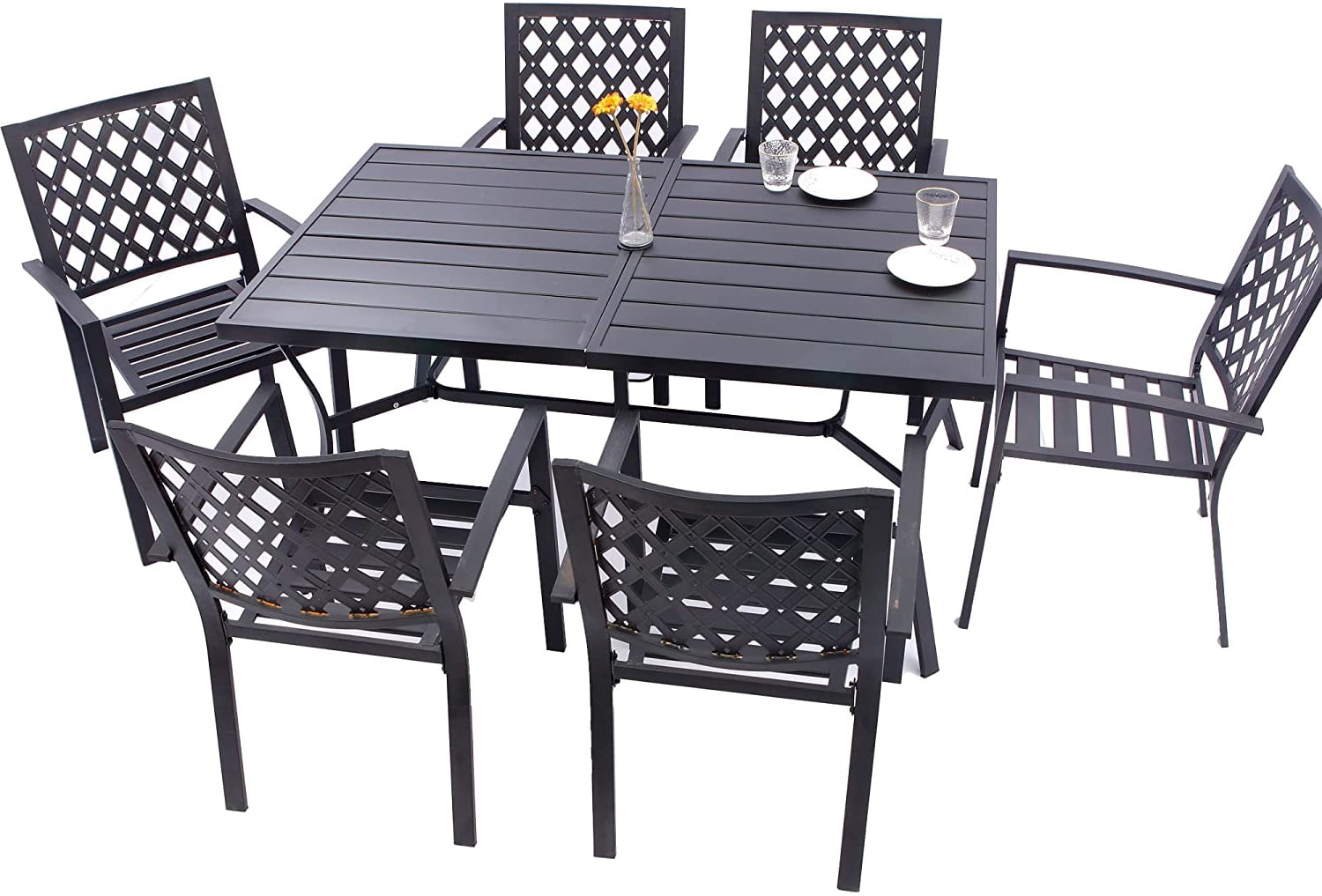 7piece Metal Patio Furniture Set, Outdoor Metal Dining Set Rectangle