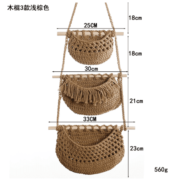 3 Tier Hanging Fruit Basket, Rustic Woven Jute Wall Baskets with Wooden Rods, Detachable Hanging Produce Storage for Fruits Vegetables, Bohemian Wall Organizer for Kitchen Bathroom