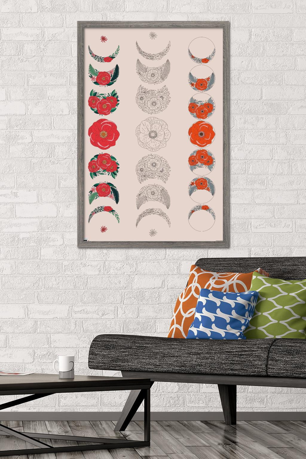 Floral Phases of the Moon Wall Poster, 22.375" x 34" Framed