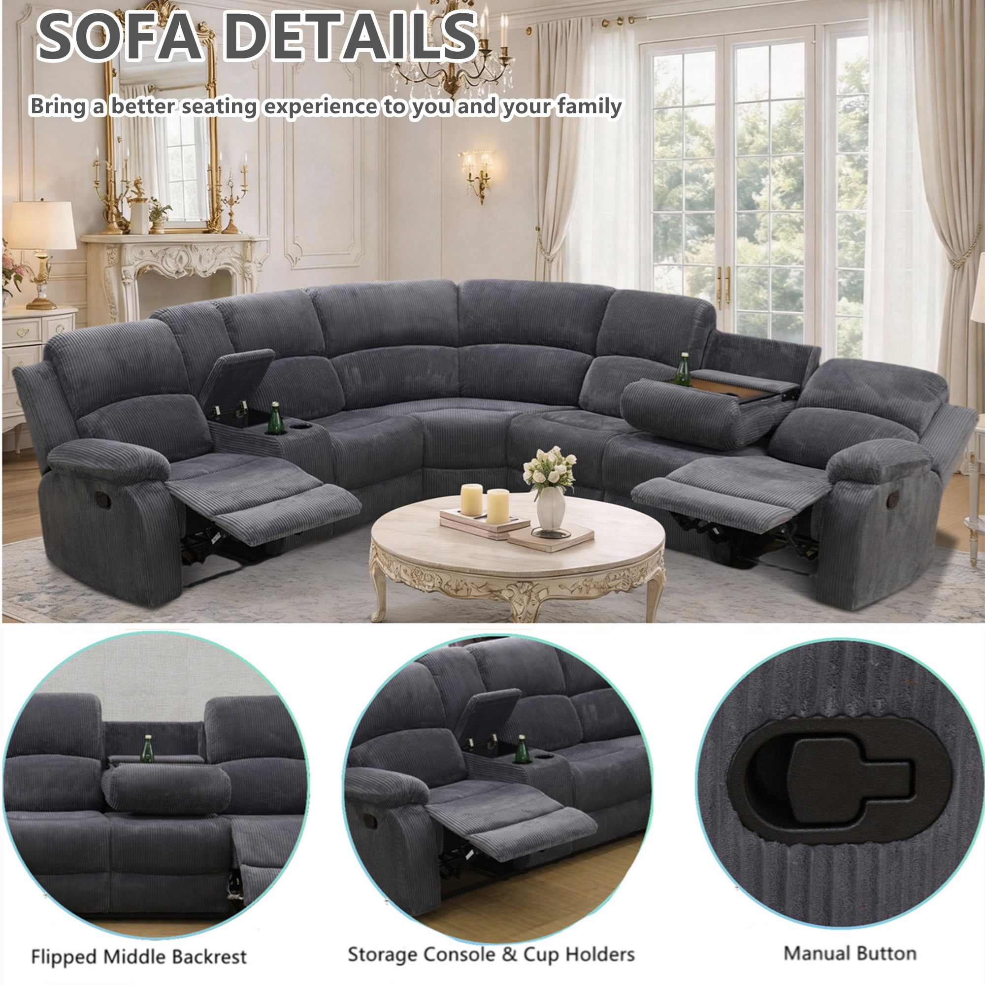 Aukfa 3-Piece Recliner Sofa Set 6 Seat Sectional Couch with Cup Holders&Storage Console, Corduroy, Dark Gray