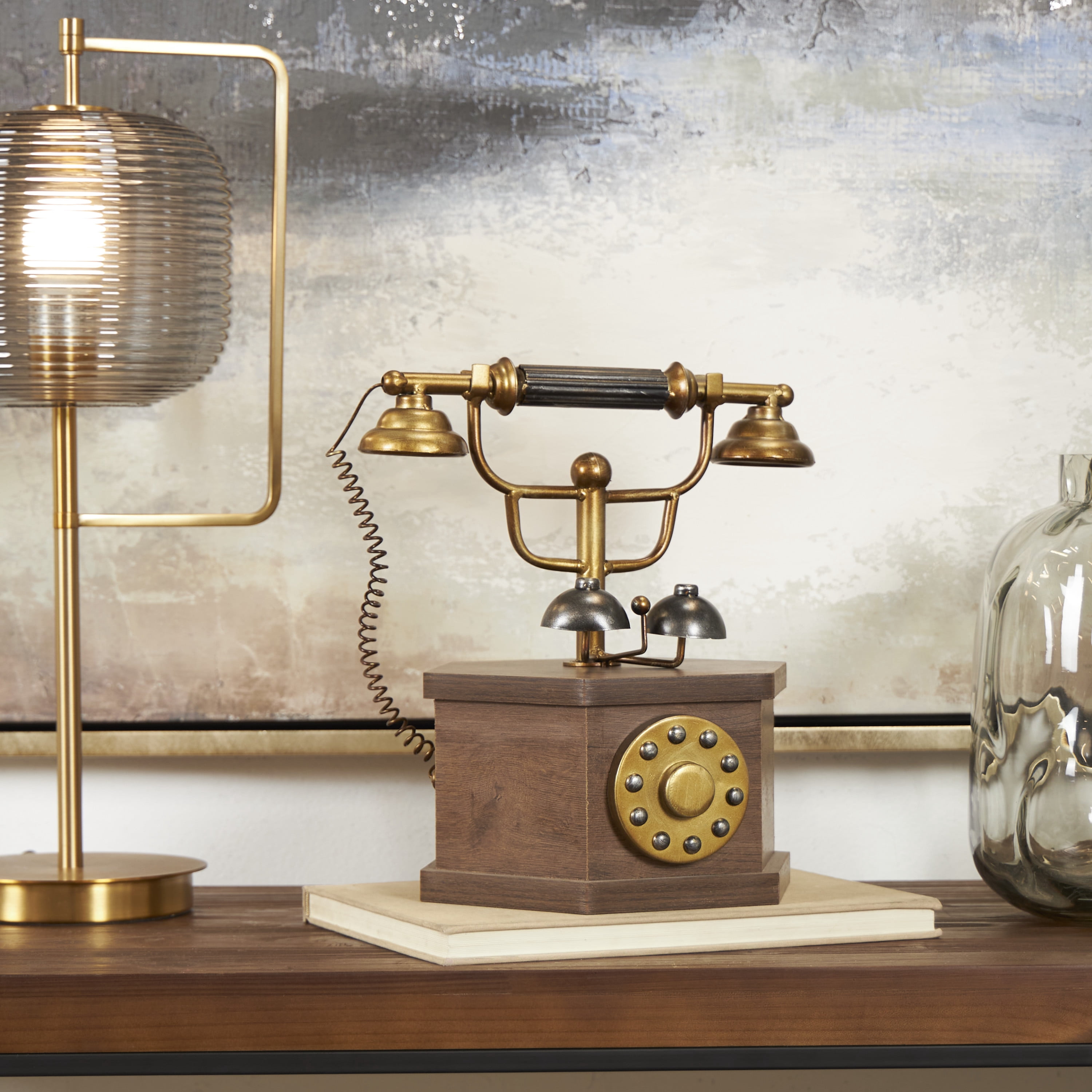 DecMode 12" x 13" Copper Wooden Antique Style Telephone with Brown Wooden Base, 1-Piece