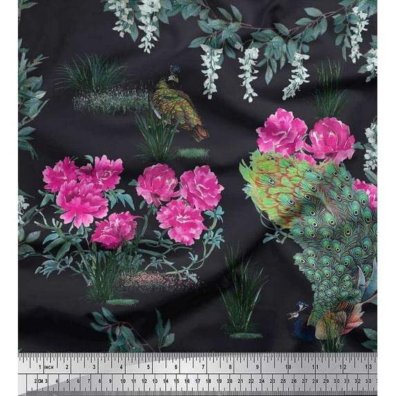 Soimoi Poly Georgette Fabric Leaves,Floral & Peacock Bird Print Fabric by Yard 52 Inch Wide