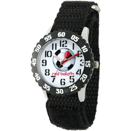 Black Bezel Watch - Soccer Boys' Stainless Steel Time Teacher Watch, Black Bezel, Black Hook and Loop Nylon Strap