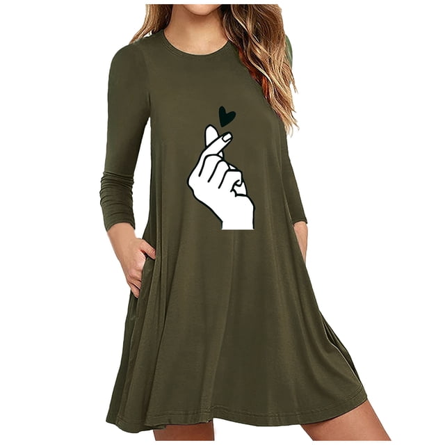 Robe Longue à Manches Longues pour Femmes, Imprimée, avec Poches, Décontractée, Ample