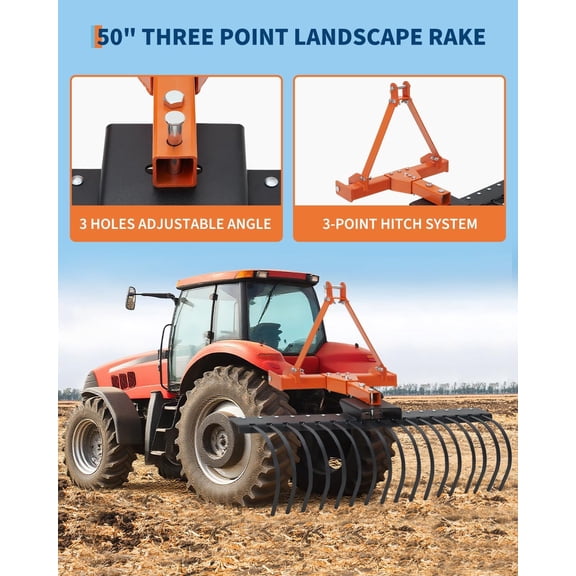 Historyli 50Inch 3-Point Hitch Tractor Landscape Rake with 360° Rotation & Spring Steel Tines, Orange