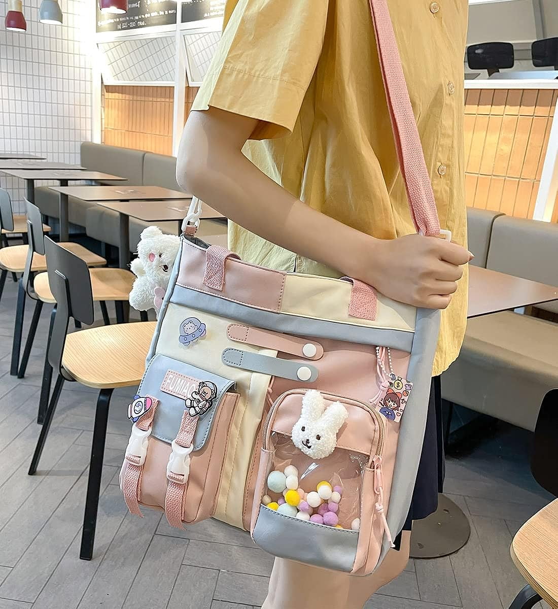 Messenger Bag with Kawaii Pins and Pendant for Women Cute Crossbody Bag Shoulder Tote Bag Casual Handbag