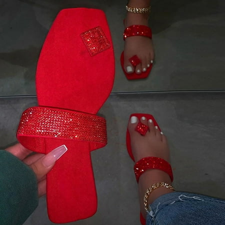 

STEADY Women s Summer Flat Crystal Flat Flip Flops Slippers Outdoor Beach Shoes Red / 42