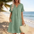 thumbnail image 4 of QUNYINEY Faux Cotton Linen Women Summer Dresses Casual Short Sleeve Midi A Line Dress Solid V Neck with Pockets Loose Fit Vacation Dresses, 4 of 6