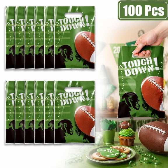 2 Pack Football Gift Bag, Green Touchdown Print Favor Bag for Game Day & Birthday, 50 pcs each, 100 Total
