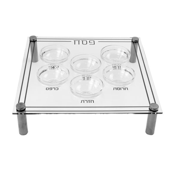Nua 60538 Modern Acrylic Seder Plate with Silver Design & Legs - 6 Glass Bowl