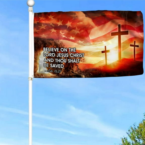 Jesus Grommet Flag Believe On The Lord Jesus Christ Flag Banner with Grommets 3x5Feet Man cave Decor