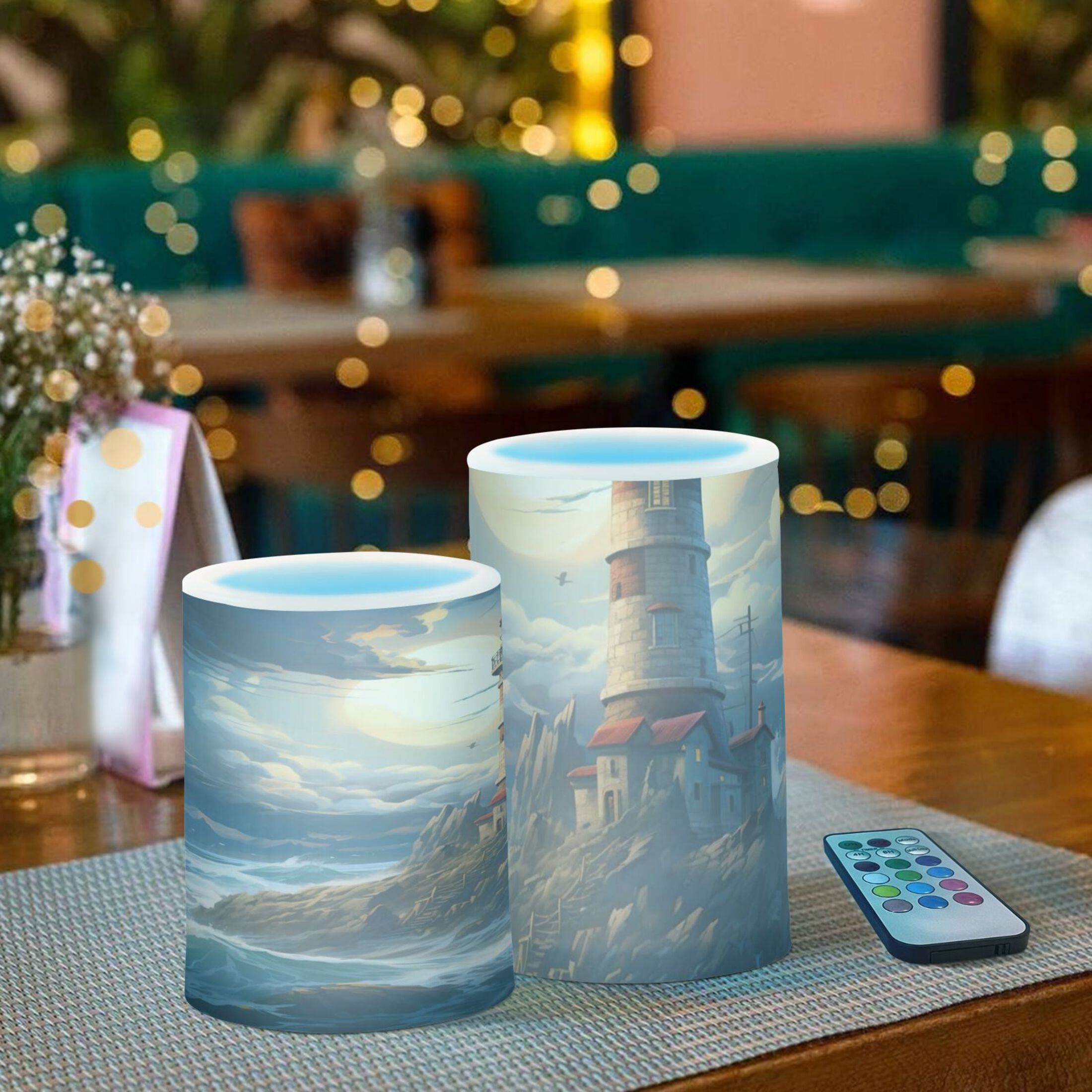 Lighthouse Waves Flickering Flameless Candles Battery Operated with Remote Timer LED Pillar Candles Set of 2
