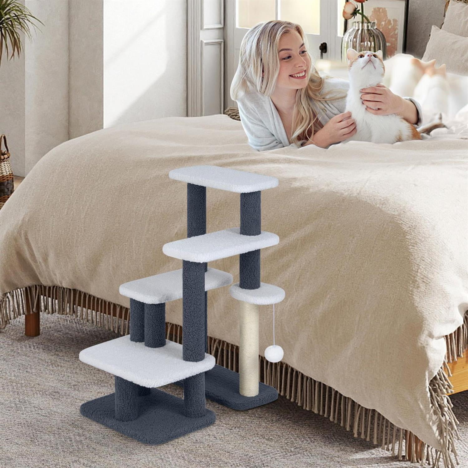 Pefilos 2-in-1 Cat Stairs & Tree Tower, Scratching Posts & Hanging Toy Ball, Anti-Slip Base, Gray