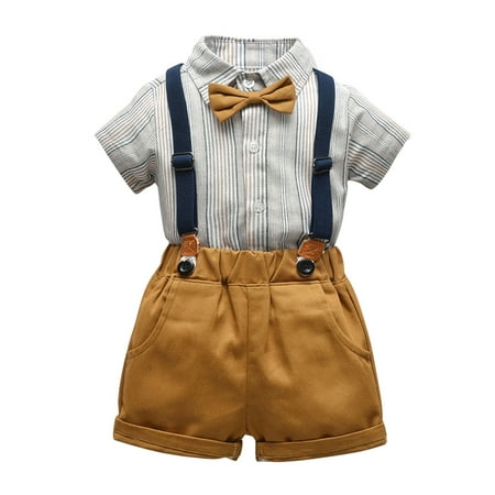

Sunisery Toddler Kids Boys 2Pcs Outfits Stripe Short Sleeve Bow-Tie Shirts + Suspender Bib Shorts Summer Gentleman Set Stripe Brown 2-3 Years