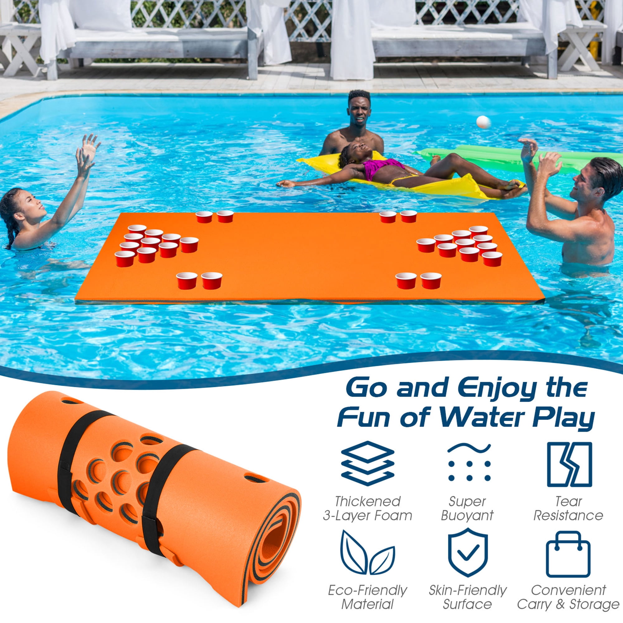 Gymax 3-Layer XPE Foam Floating Beer Pong Table Floating Game Table Water Mat Orange