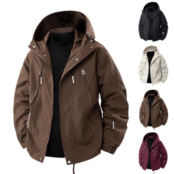 Txeol Hiking Windbreaker Men Waterproof Zip Up Long Sleeve Hooded Rainjacket with Pockets Lightweight Waterproof Athletic Rain Coat,L Beige