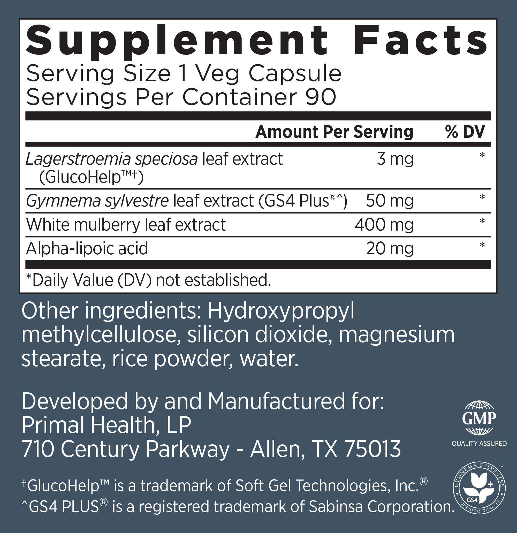 Primal Labs GlucoBurn Support Supplement with White Mulberry Leaf Extract and Alpha Lipoic Acid, 90 Veg capsules