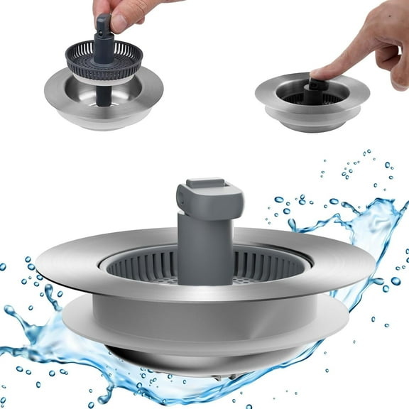 3 in 1 Kitchen Sink Drain Strainer and Stopper Combo, Stainless Steel Metal Pop Up Sink Stopper, Anti-Clogging Basket with Foldable Handle for US Standard 3-1/2 Inch Drain