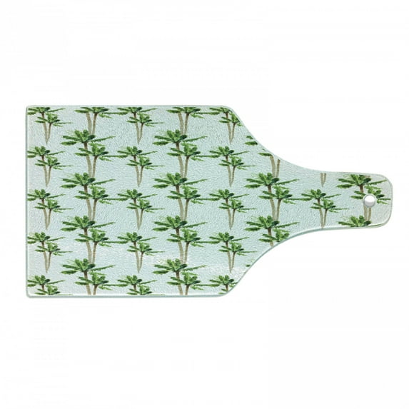 Palm Tree Cutting Board, Watercolor Style Forest Pattern of Coconut Trees Growth Ecology, Decorative Tempered Glass Cutting and Serving Board, Wine Bottle Shape, Green Cocoa and White, by Ambesonne