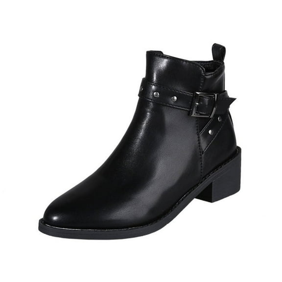 hopeusnice Women's Ankle Boots Buckle Low Heel Pointed Toe Faux Leather Short Boots Block Heel Zipper Comfortable Shoes Black 40