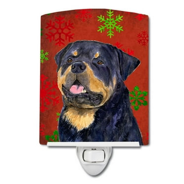 Caroline's Treasures SS4731CNL Rottweiler Red and Green Snowflakes Holiday Christmas Ceramic Night Light, 6x4x3",