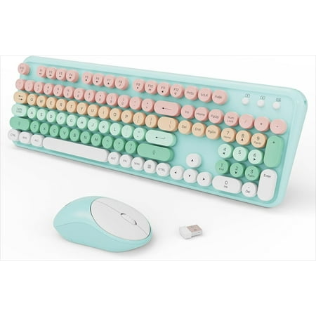 Keyboard and Mouse Wireless 2.4Ghz Retro Typewriter Style Round Keycap Full Size Wireless Keyboard Mouse Combo Cute Cordless Keyboard Mouse Set