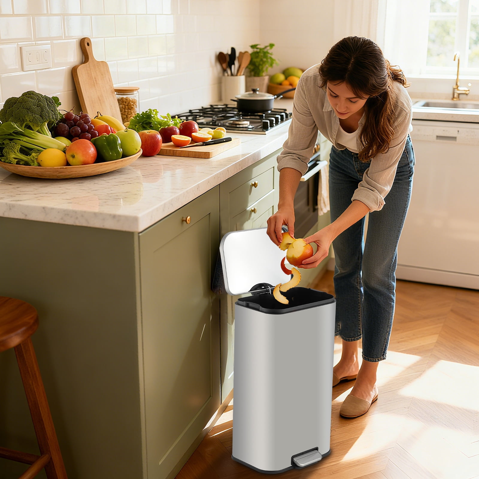 Trash Can for Kitchen, Stainless Steel Garbage Can with Soft-Close Lid, Removable Inner Bucket, Fingerprint-Proof Recycling Bin for Home Office Bedroom