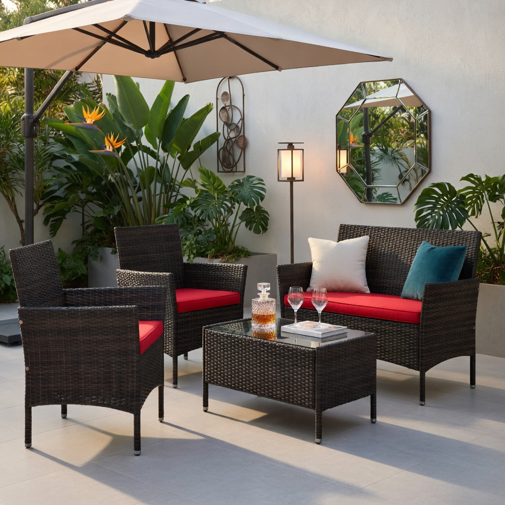 Hommoo 4-Piece Outdoor Rattan Patio Conversation Set with Plush Seat Cushions, Loveseat, 2 Chairs & Tempered Glass Coffee Table, Red