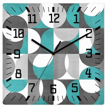 Abstract Aqua Wooden Wall Clock Silent Non Ticking Modern Grey White Geometric Square Wall Clocks Battery Operated Decor Clock for Home Office Living Room Kitchen 12 Inch