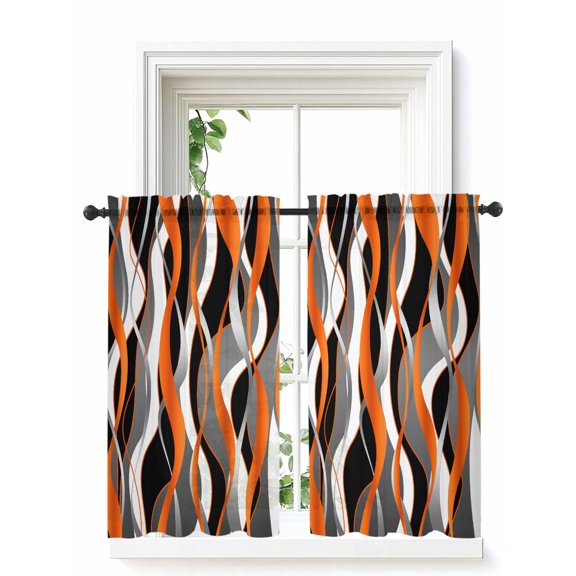 Abstract Stripes Tier Curtains 45 Inch Length,Sheer Curtains for Bedroom Living Room,Retro Modern Orange Black Gray Lines Rod Pocket Voile Drapes Kitchen Curtains for Small Window 27.5"x45" 2 Panels