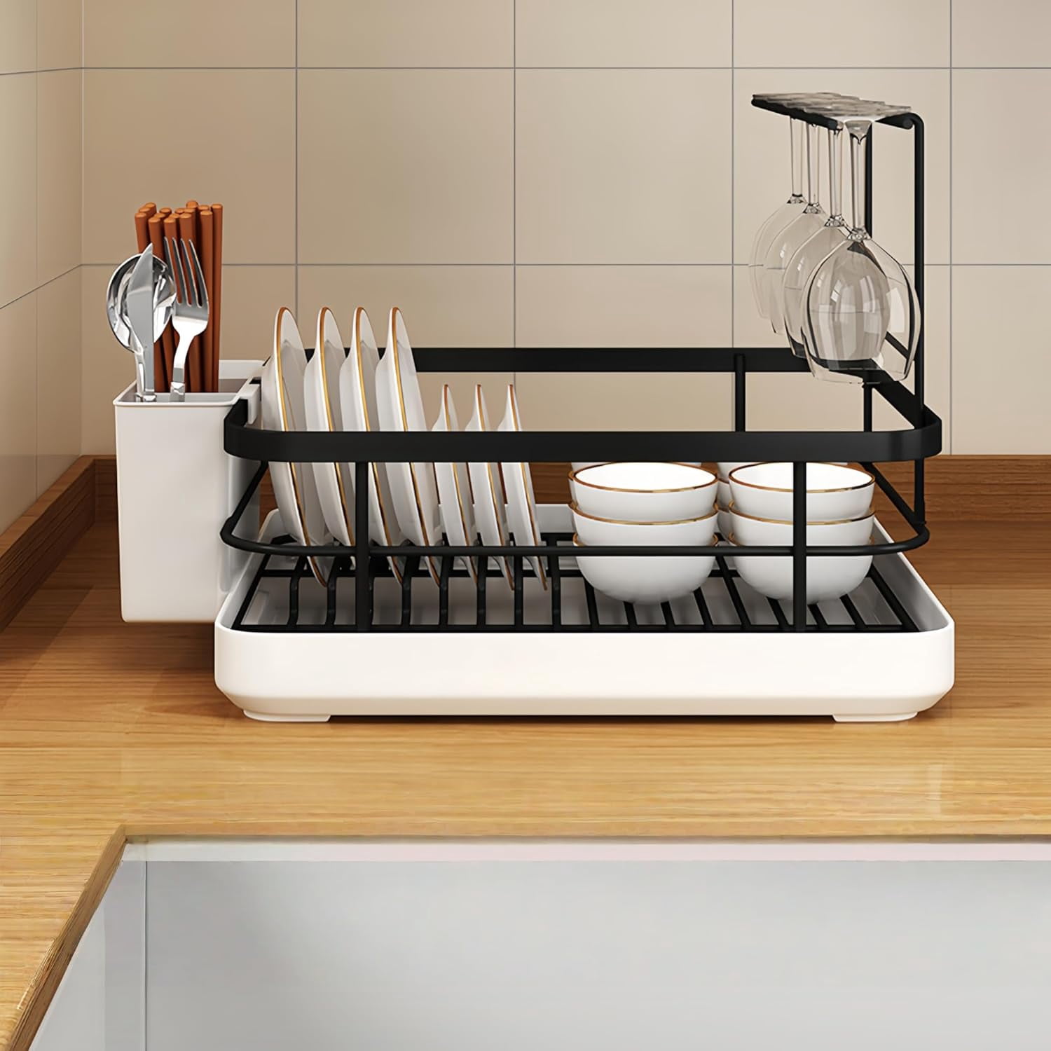 Kitchen Sink Dish Drying Rack: Drying Dish Rack, 2025 New Multifunctional Dish Rack with Drainer Tray, Chopstick Holder, and Wine Glass Rack, Dish Drainers for Kitchen Counter (Black Upgraded)