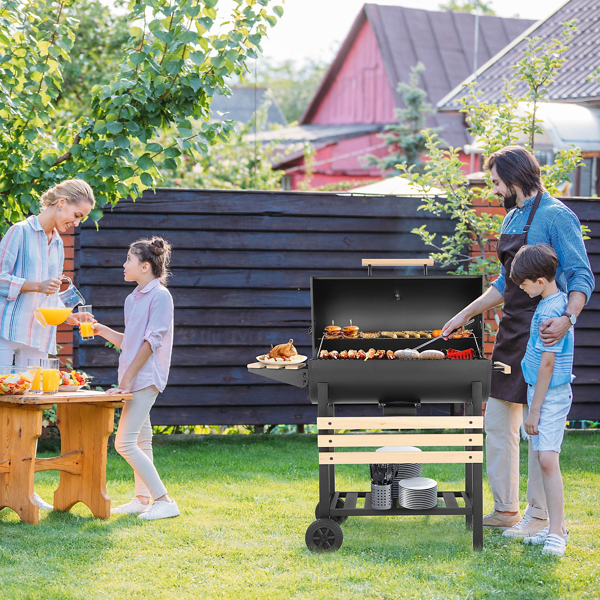 Seizeen Charcoal Grill with Thermometer & Large Cooking Space, Smoker Grill, BBQ Grills for Camping & Picnic, Iron, black