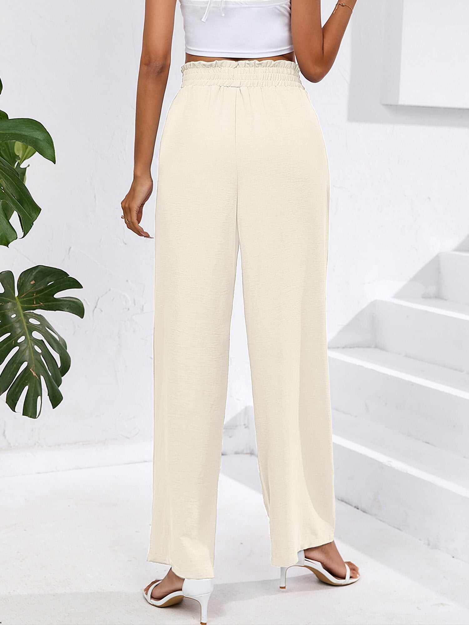 Chiclily Women's Wide Leg Pants with Pockets Lightweight High Waisted  Adjustable Tie Knot Loose Trousers Flowy Summer Beach Lounge Pants, US Size