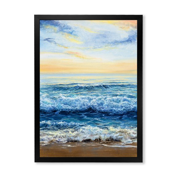 Designart 'Ocean Waves At Sunrise' Nautical & Coastal Framed Art Print