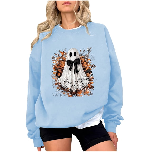 Chandail en Molleton à Imprimé Fantôme pour Femmes, Chandail Léger et Chaud, Blouses à Col Rond, Hauts à Manches Longues, Blouse Ultra Douce Texturée, Chandail Athlétique, Tenues de Printemps, Chandail Automne Hiver 2025