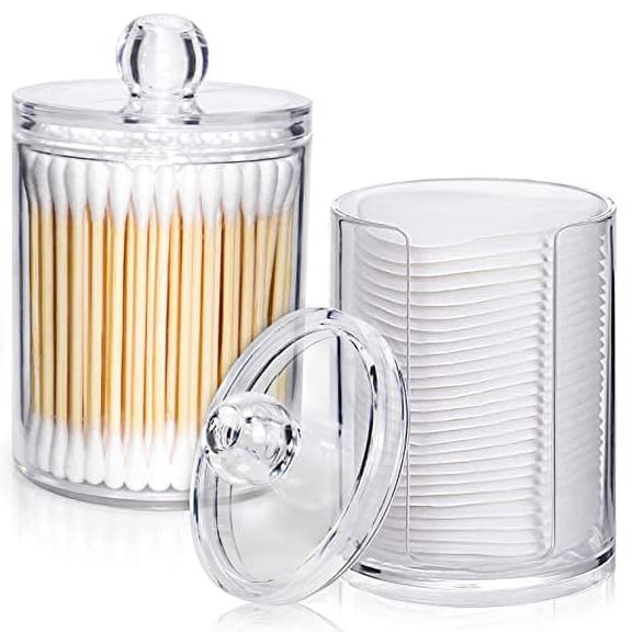 Fymlhomi Holder Dispenser for Cotton Ball Swab, Cotton Round Pads, Cup Dispenser for 3 OZ Cup, Clear Acrylic Jar with Lid, Bathroom Canister Storage Vanity Makeup Organizer 2 Pack