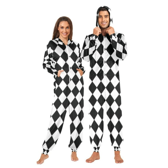 Adult Christmas Onesie Diamond Black and White Grid Adult Zipper One-Piece Pajamas Unisex Pajamas with Pockets