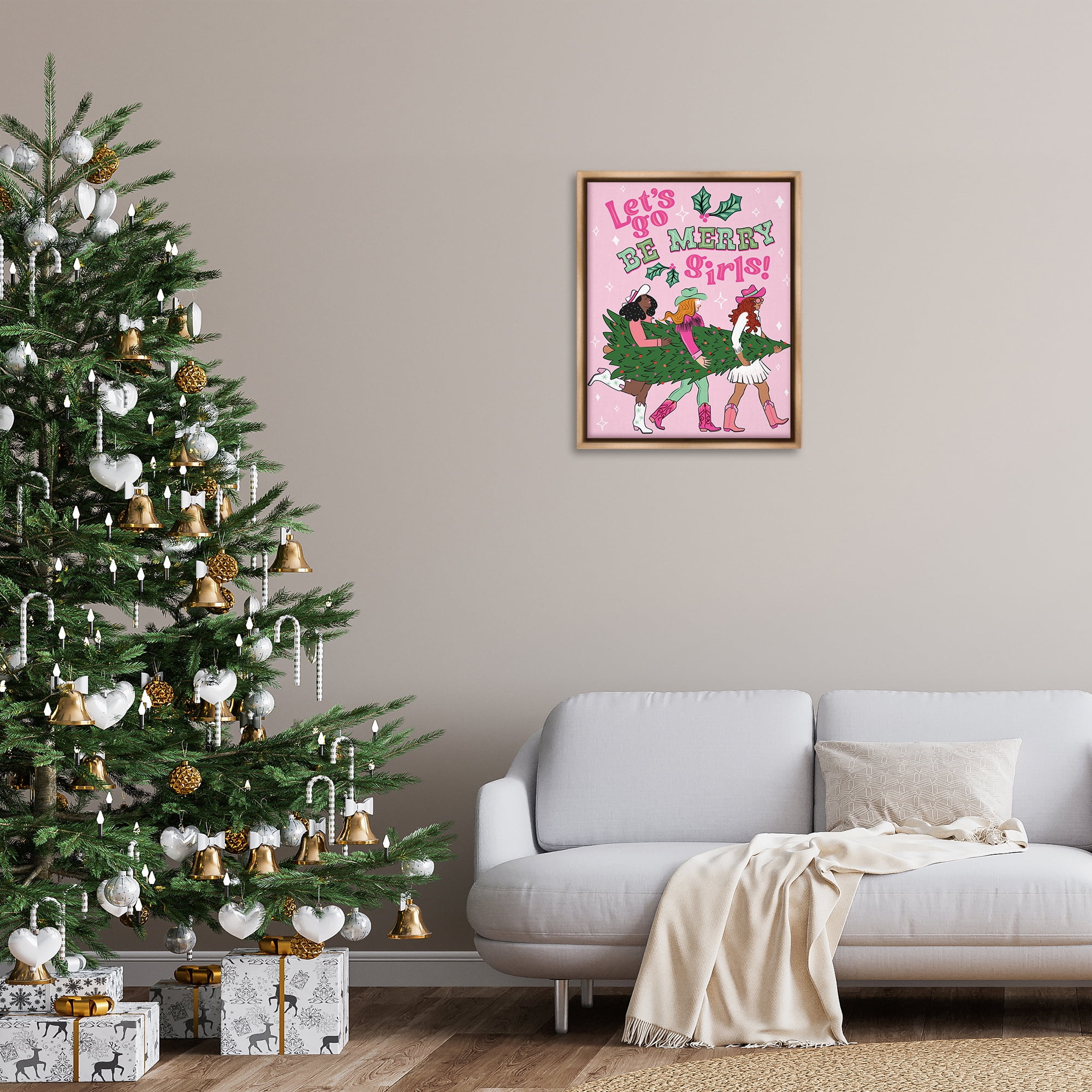 Stupell Industries Be Merry Christmas Cowgirls Holiday Painting Brown Floater Framed Canvas Art Prints Wall Art, 25 x 31