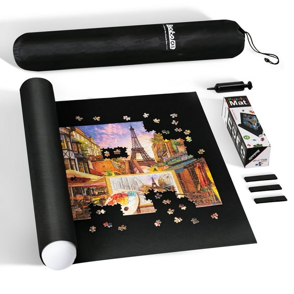 Becko US 2000-Pc Jigsaw Puzzle Mat Roll Up with Black Pump & Drawstring Storage Bag (Black)