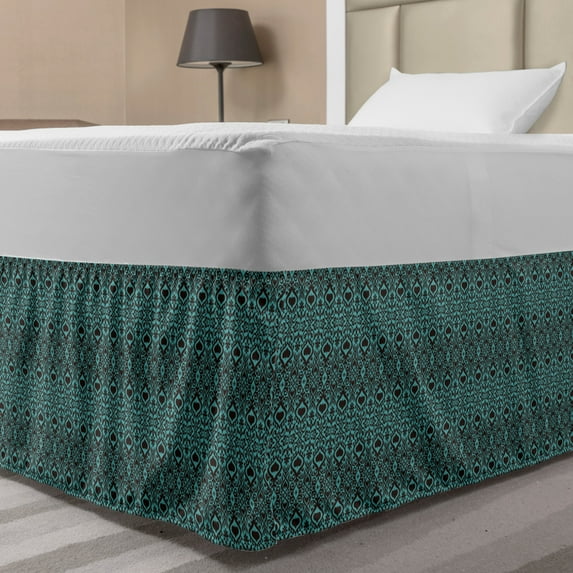 Ethnic Bed Skirt, Bohemian Damask Motif Arabesque Oriental Royal Moroccan Art Deco, Elastic Bedskirt Dust Ruffle Wrap Around for Bedding Decor, 4 Sizes, Dark Turquoise and Dark Brown, by Ambesonne