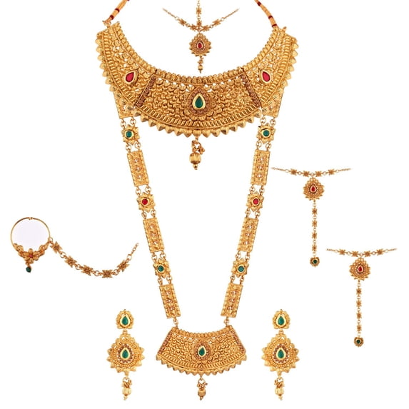 Efulgenz Indian Jewelry Bollywood Bridal Wedding Rhinestone Crystal Necklace Earring Maang Tikka Head Chain Nose Ring Bracelet Jewelry Set