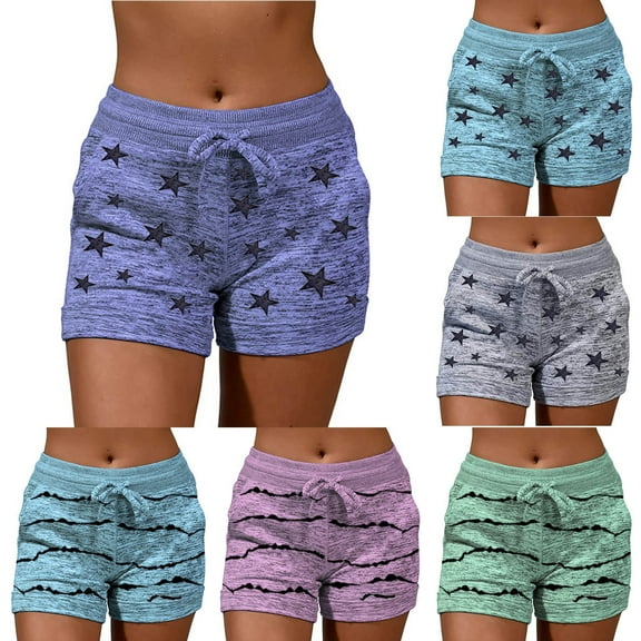 Jacenvly New Sports Shorts Women Fashion Women Drawstring Casual Pocket Loose Printed Sports Shorts Pants Breathable Elastic High Waist Shorts for Women Casual Purple
