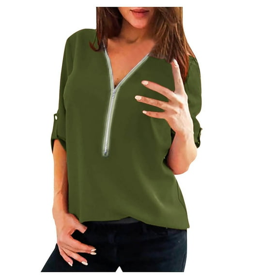 DondPO Womens Zip Up Hoodies Womens Long Sleeve Tops Sleeve Loose Top Casual Blouse Zipper Long Neck Women's Shirt V Chiffon Front Women's Blouse Womens Hoodies Pullover Womens Tops Army Green L