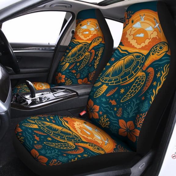 Sea Turtle Ocean Sunset Car Seat Covers Set – Tropical Marine Life Auto Seat Protectors, Beach Coastal Print Car Accessories Gift
