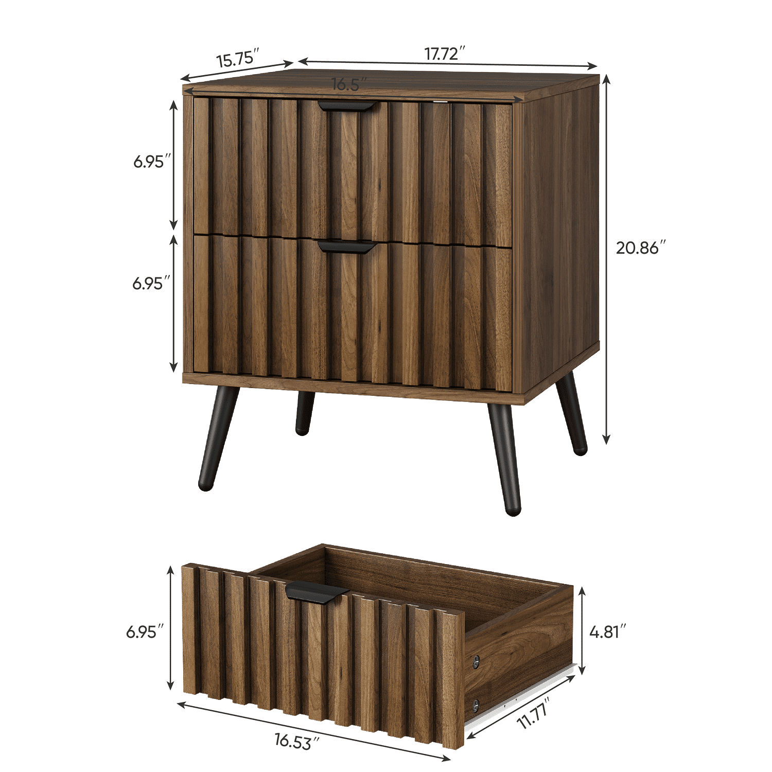 Algherohein Night Stands for Bedroom Set of 2,End Tables for Living Room with 2 Fluted Drawer,Walnut