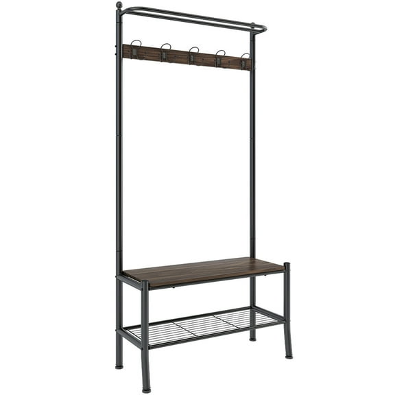LANGRIA Entryway Metal Storage Shoe Bench with Coat Rack, 3 Tiers and 5 Free Hooks Black Finish