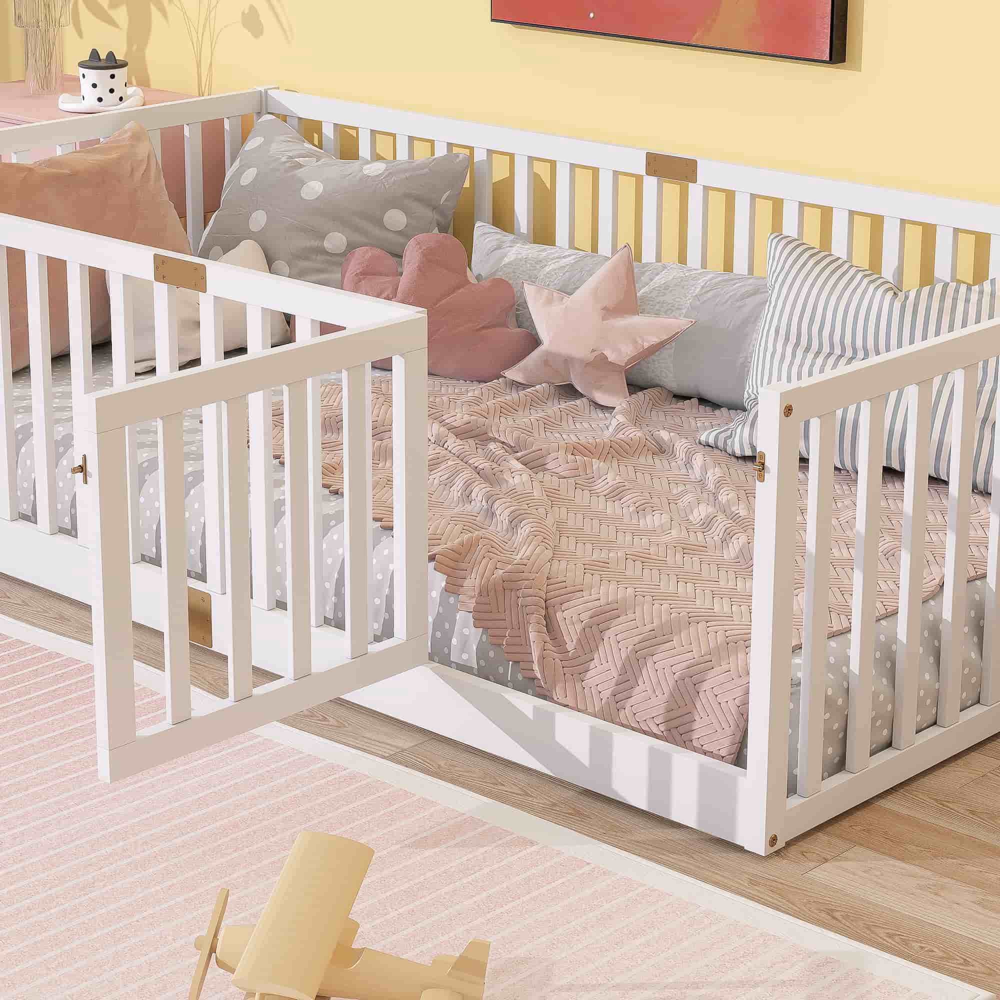 UHOMEPRO Twin Floor Bed with High Fence & Door, Montessori Floor Bed with 21.5" Safety Guardrails, Solid Wood Twin Beds Frame for Kids Girls, Boys, with Slats, White