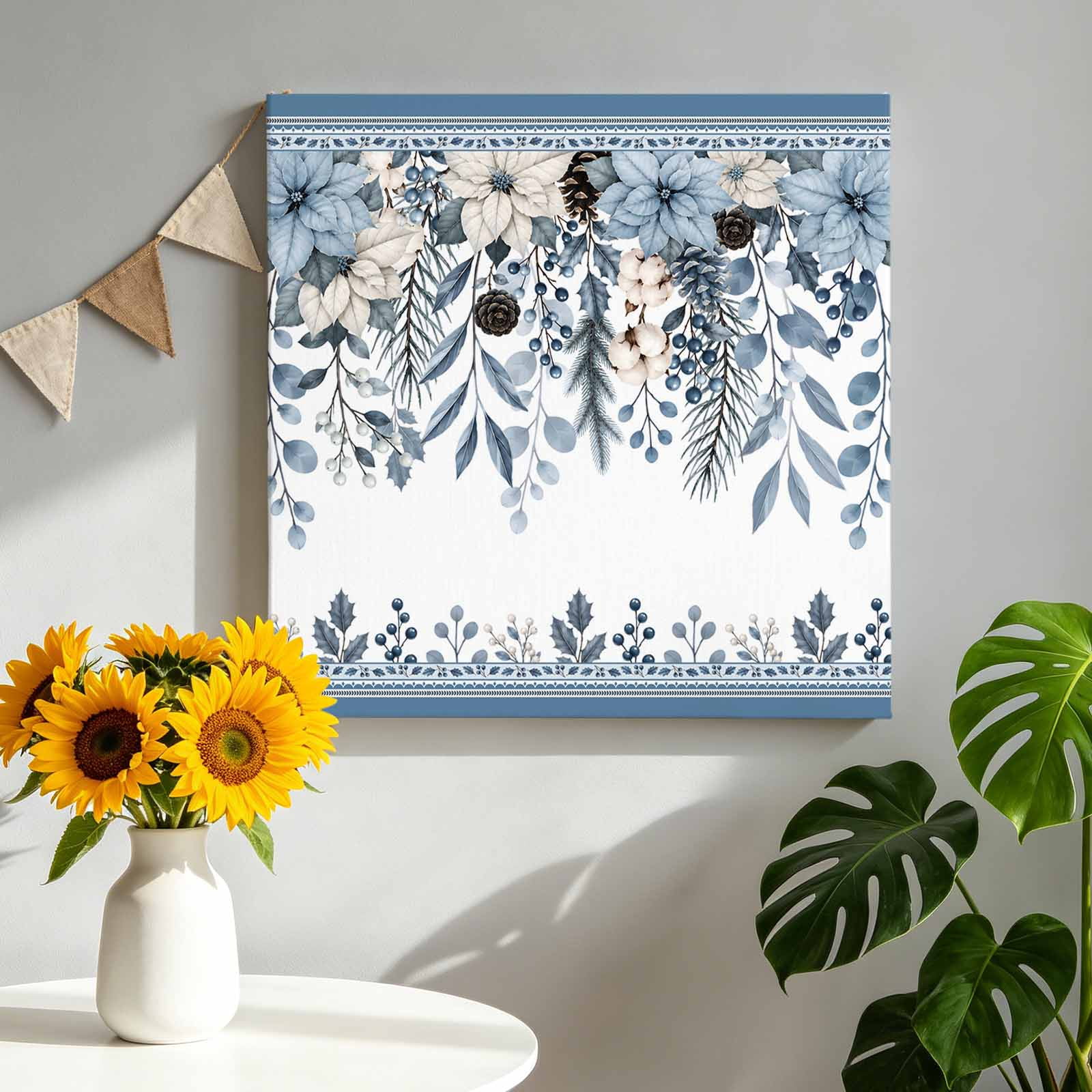 Christmas Floral Canvas Wall Art Winter Blue White Rose Pine Cone Berry Leaf Stripe Pictures Wall Decor Wooden Framed Artwork Art Prints for Living Room Hallway Bedroom Office 8 x8