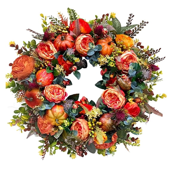 Yucurem Fall Peony Pumpkin Wreath for Front Door, 15.74" Artificial Autumn Harvest Pumpkin Wreath for Halloween Thanksgiving Harvest Mantle Porch Wall Window Decor